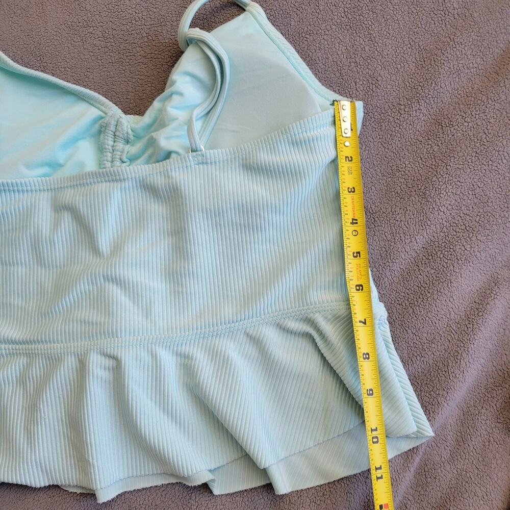 Swim Tank Top Womens Blue Ribbed Flared Hem Drawstring Spaghetti Strap Beach